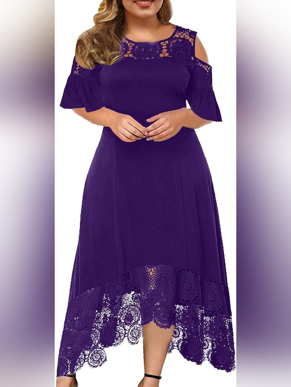 Purple Lace-trimmed Cold-shoulder Dress